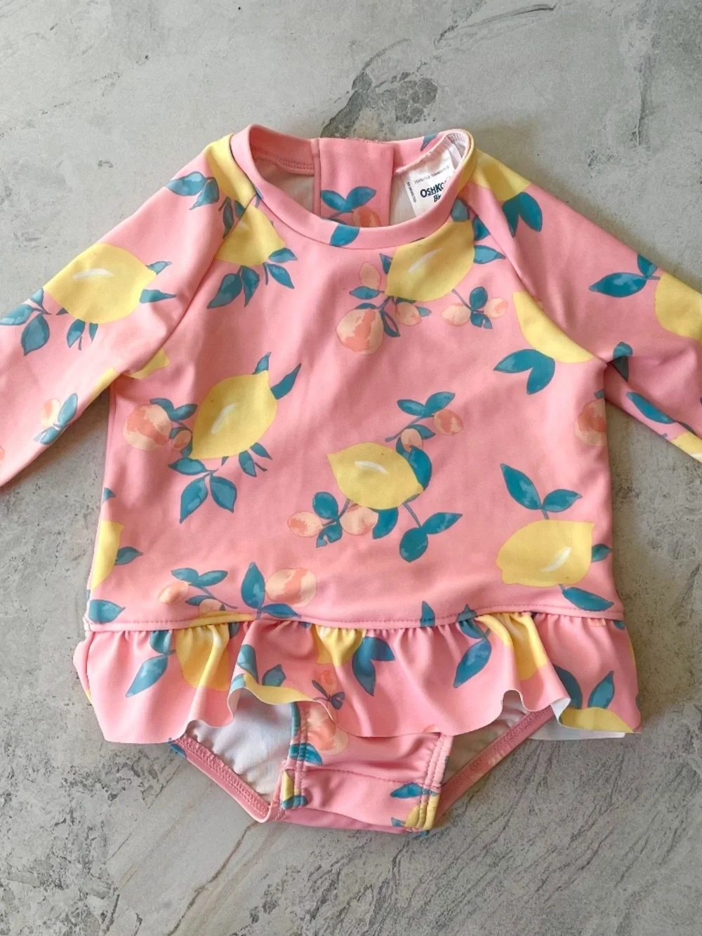 Osh-Kosh B’Gosh 1-pc Baby Girl Lemons Swimsuit 6M Ruffle Rashguard Long-sleeve